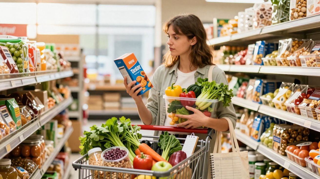 Mulher com carrinho cheio de verduras e legumes avaliando embalagem de biscoitos em supermercado.