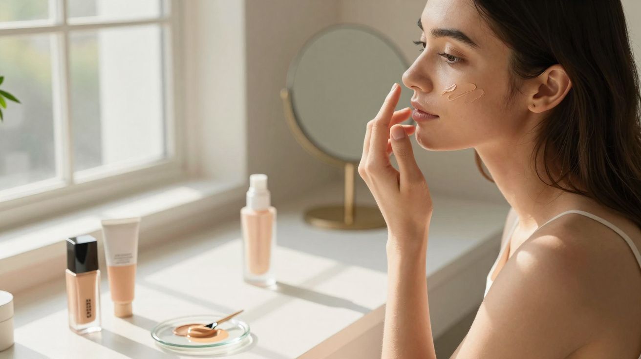 Mulher aplicando base no rosto, sentada à mesa com produtos de maquiagem próximo à janela iluminada.
