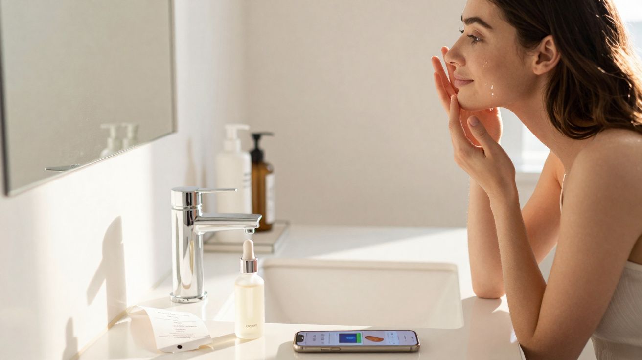 Mulher aplicando produto facial ao lado de pia com frascos e celular em bancada iluminada.