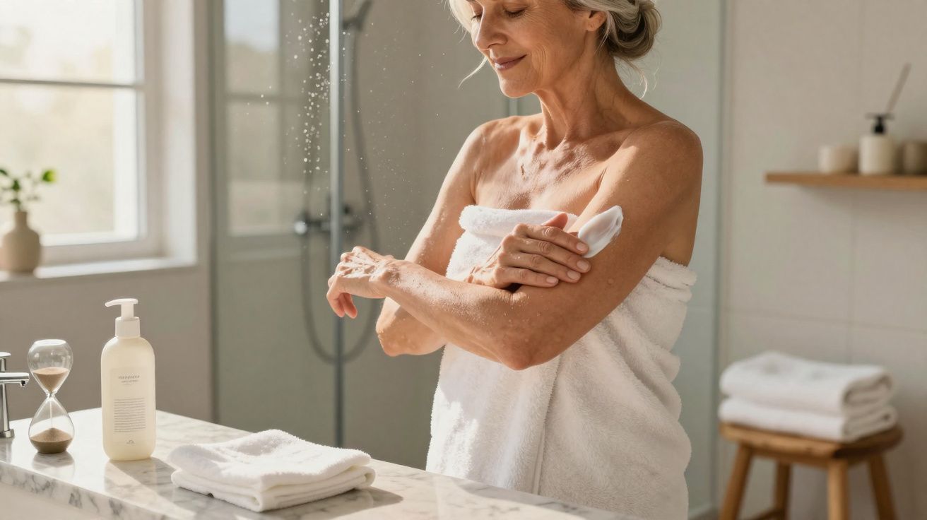 Mulher madura usando toalha aplicando creme hidratante no braço em banheiro iluminado.