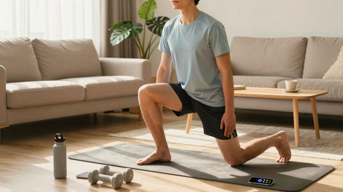 Homem fazendo alongamento em tapete de exercícios na sala, com halteres, garrafa e celular ao lado.