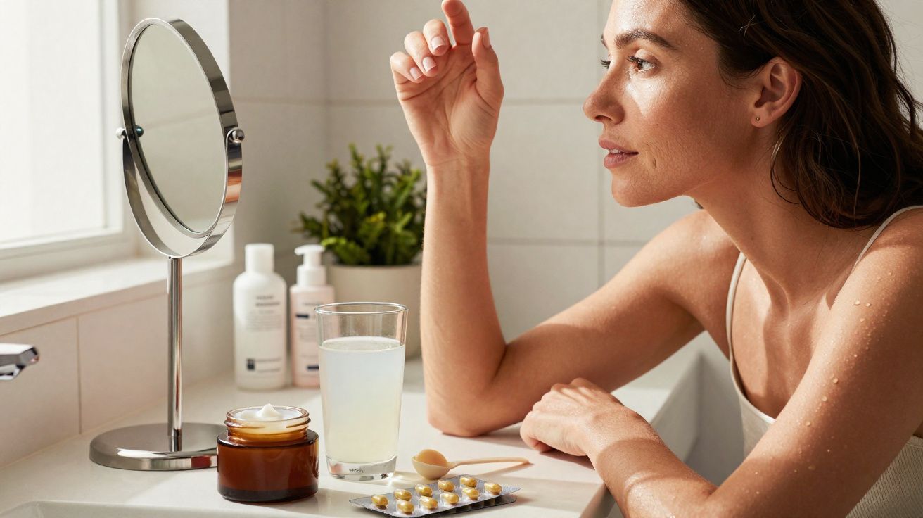 Mulher olhando no espelho de maquiagem com cosméticos e medicamentos sobre a pia do banheiro.