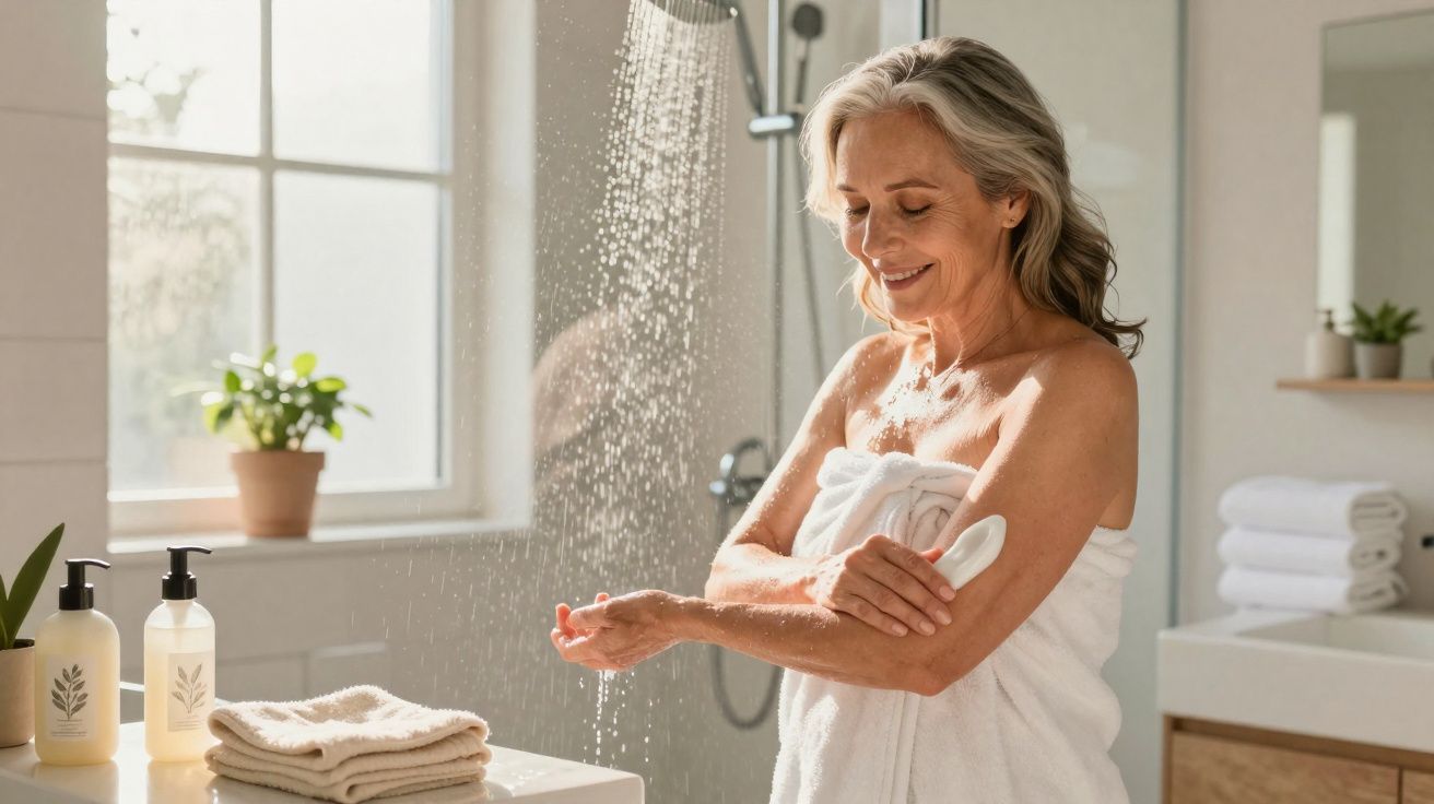Mulher sorridente com toalha branca se aplica hidratante no braço em banheiro iluminado.