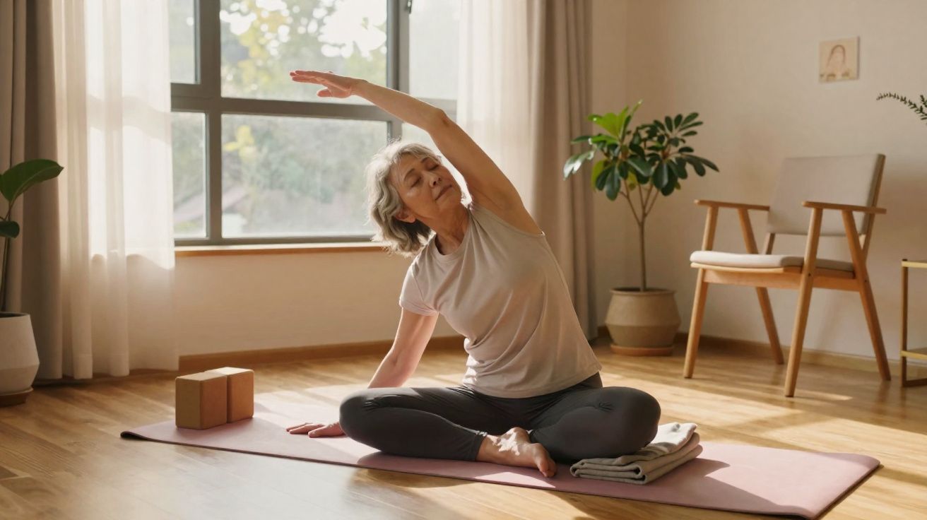 Mulher madura praticando yoga em sala iluminada com plantas, cadeira e janela ao fundo.