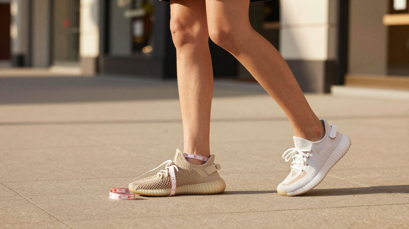 Pernas de mulher usando tênis esportivos bege e branco, com fita métrica rosa ao redor do pé, em piso externo.