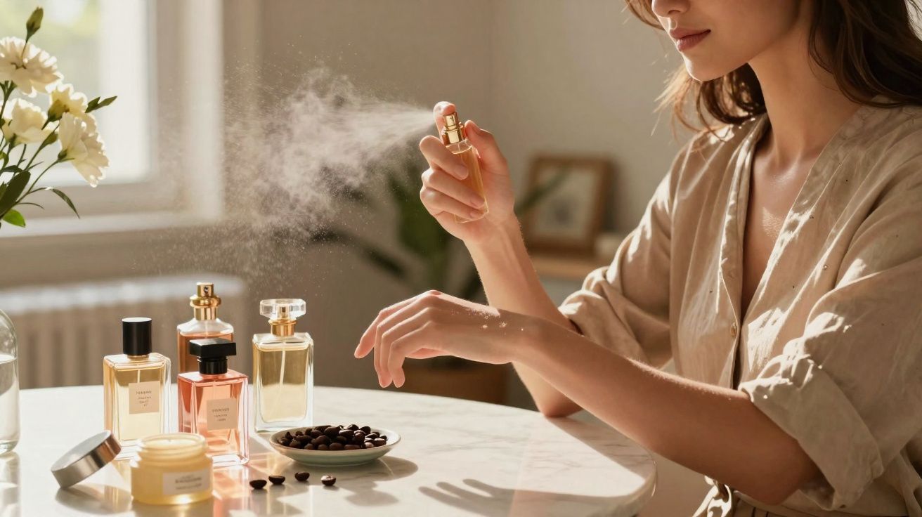 Mulher aplicando perfume no pulso, com frascos e flores sobre mesa branca iluminada pela luz natural.