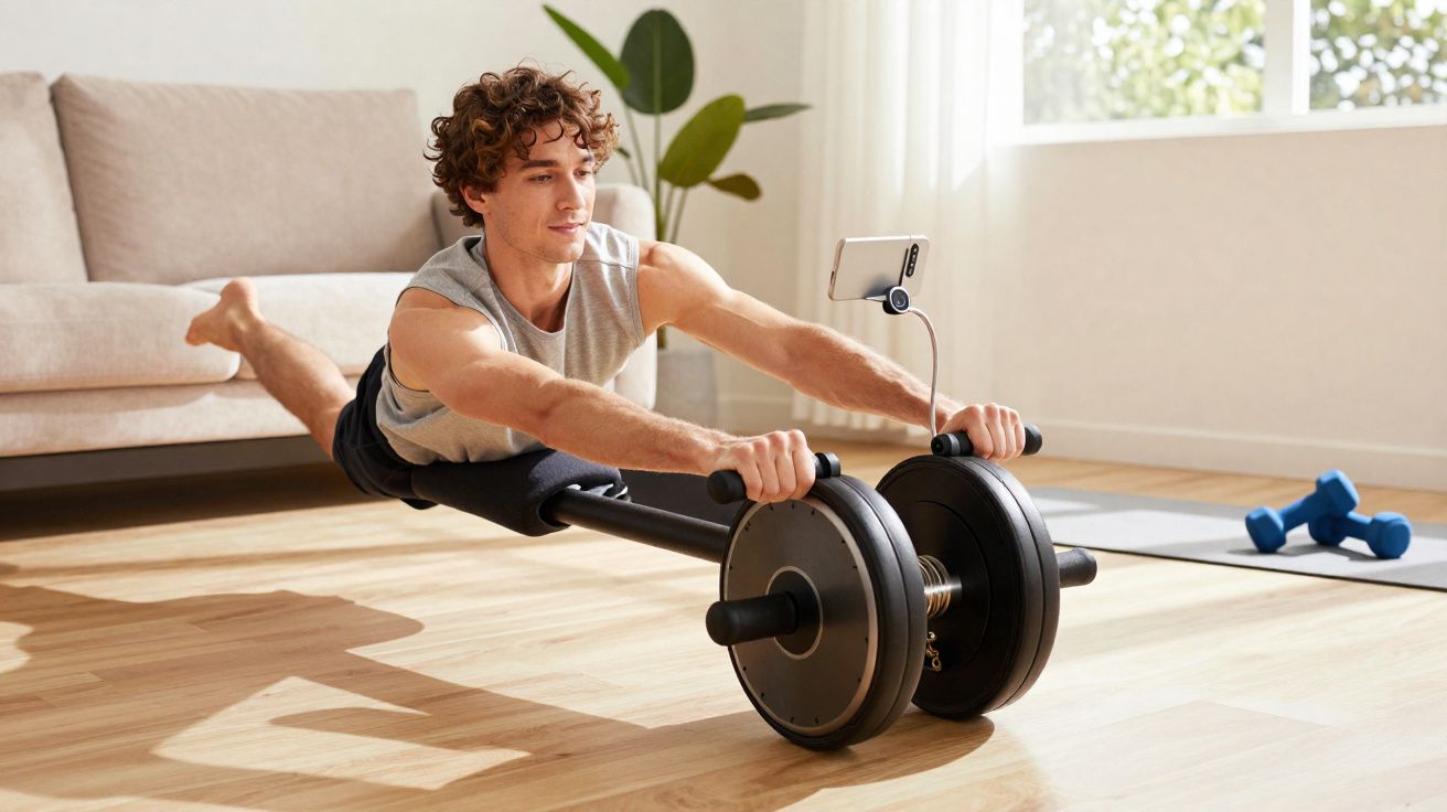 Homem faz exercício de alongamento e fortalecimento com rolo de exercícios em sala iluminada.