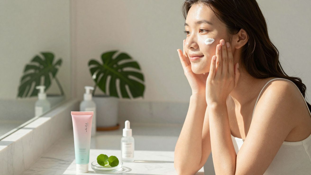 Mulher aplicando creme facial em ambiente iluminado com produtos de skincare e plantas ao fundo.