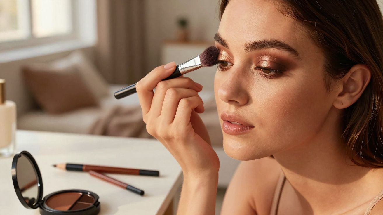 Mulher aplicando sombra marrom nos olhos com pincel de maquiagem em mesa clara iluminada.