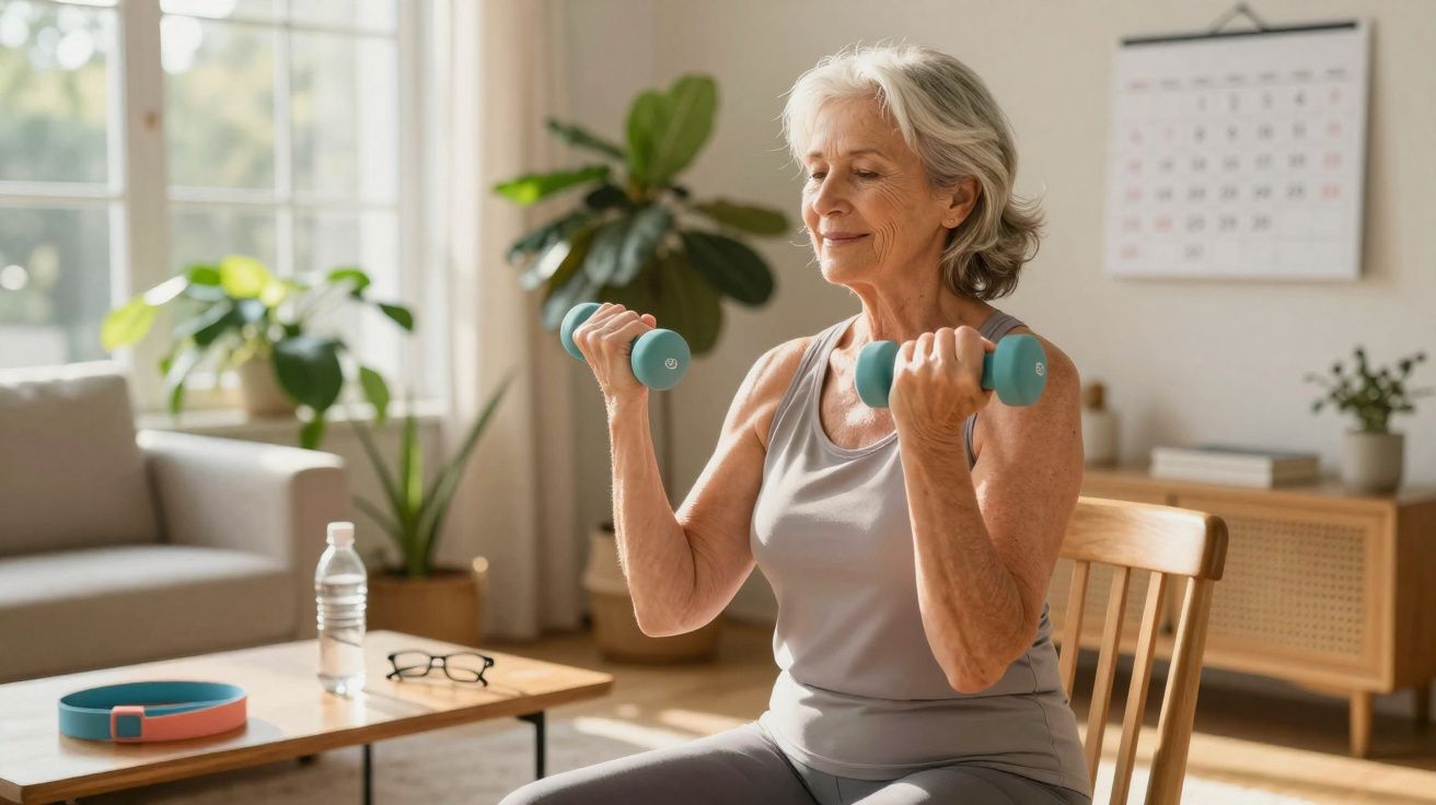 Mulher idosa praticando exercícios com halteres sentada em cadeira em sala iluminada e com plantas.