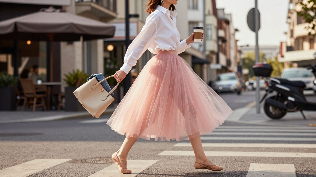 Mulher andando na faixa de pedestres com saia rosa rodadinha, camisa branca, bolsa bege e café na mão.
