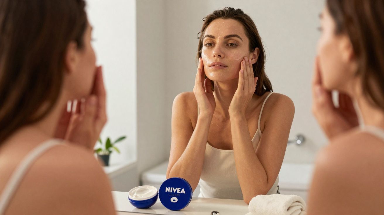 Mulher aplicando creme facial Nivea no rosto em frente ao espelho no banheiro.