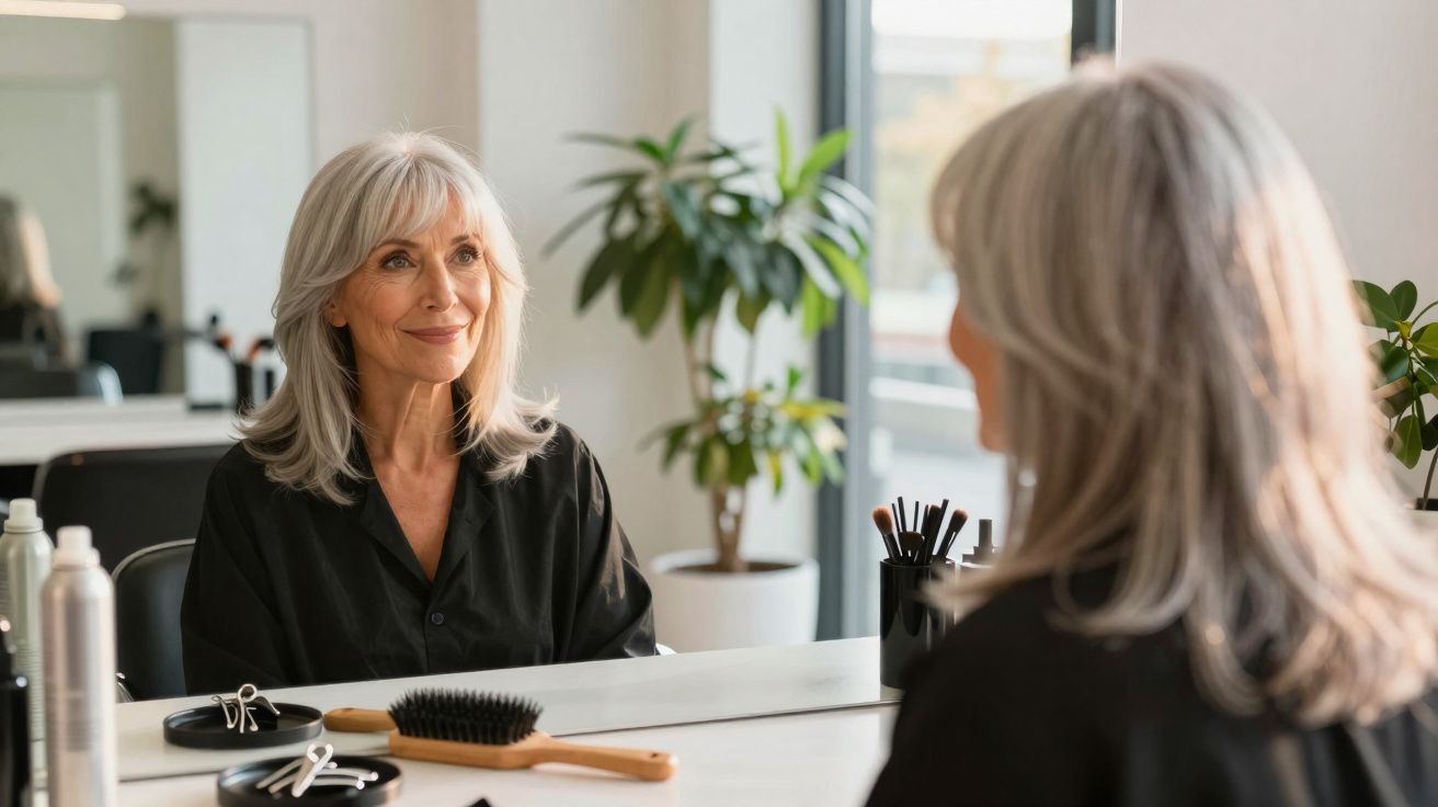 Mulher madura com cabelo grisalho olhando seu reflexo em espelho de salão de beleza.