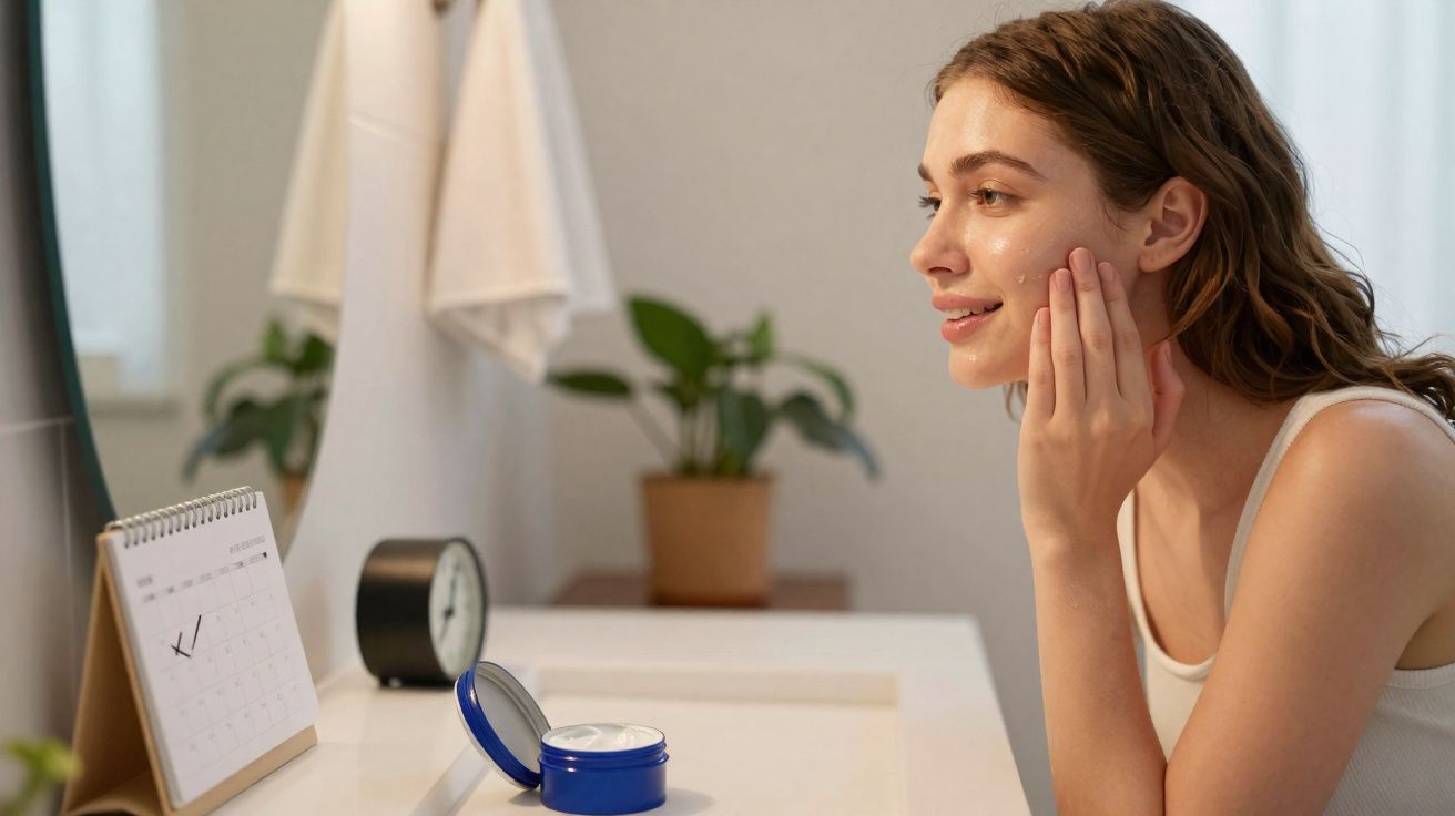 Mulher aplicando creme facial no rosto em frente ao espelho, com calendário e relógio na mesa.