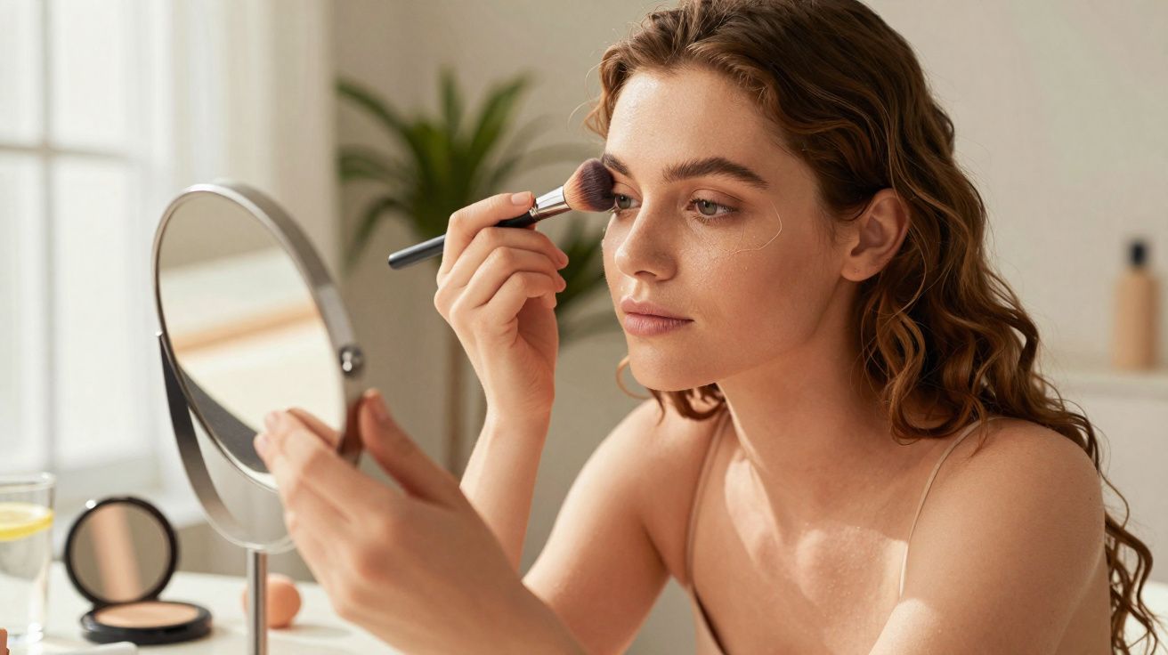 Mulher aplicando maquiagem com pincel em frente a espelho de mesa em ambiente iluminado.