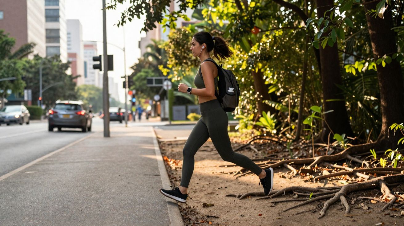 Mulher correndo da calçada para a rua em área urbana com árvores ao fundo e carros na via.