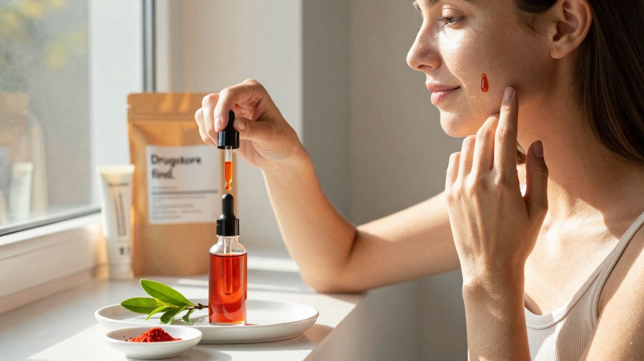 Mulher aplicando serum vermelho no rosto ao lado de frasco, folhas verdes e pó vermelho em pratos.