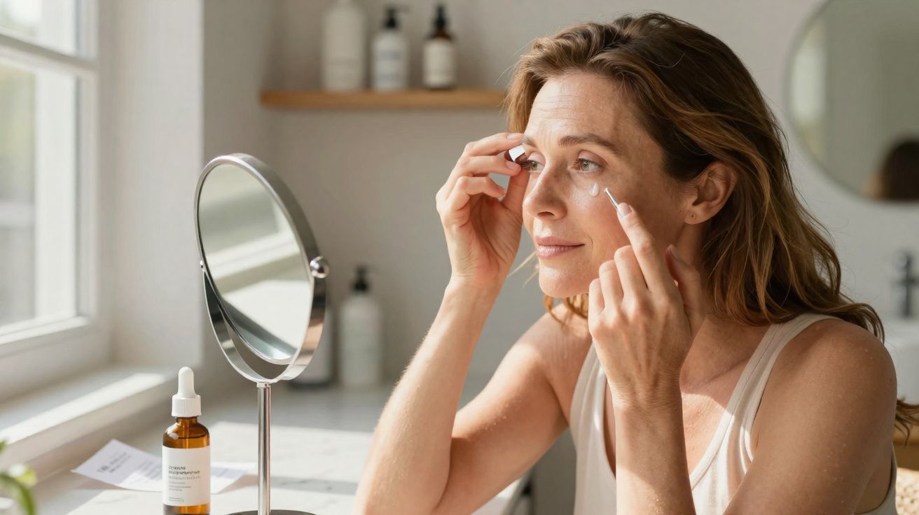 Mulher aplicando sérum facial próximo a espelho em ambiente claro e relaxante.