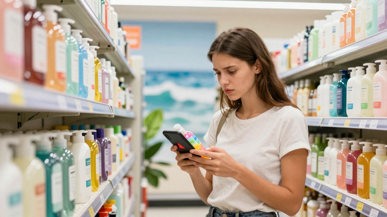 Mulher em corredor de loja segurando celular e frasco, analisando informações de produtos de higiene pessoal.