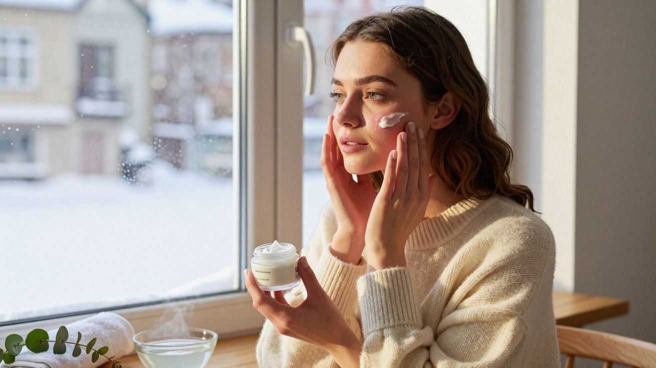Mulher aplicando creme no rosto sentada perto da janela em ambiente aconchegante com neve lá fora.