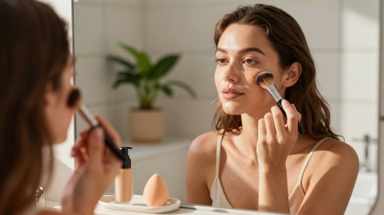 Mulher aplicando maquiagem com pincel no rosto em frente ao espelho de banheiro iluminado.