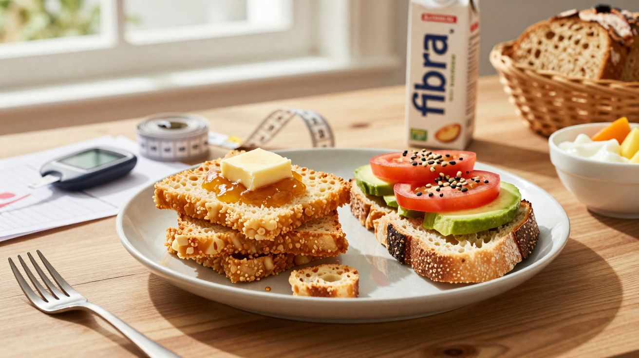 Prato com torradas, pão com abacate e tomate, e suco de fibra em mesa de café da manhã.