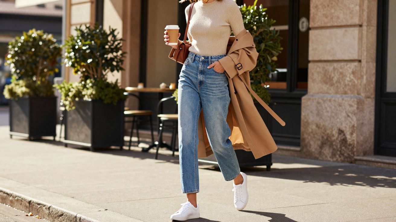 Mulher caminhando na calçada com casaco bege, blusa clara, jeans e tênis brancos segurando copo de café.