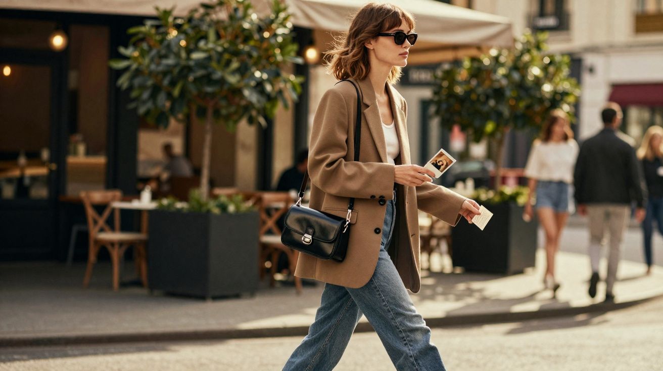Mulher de óculos escuros e blazer marrom caminha segurando fotos em rua com café ao fundo.