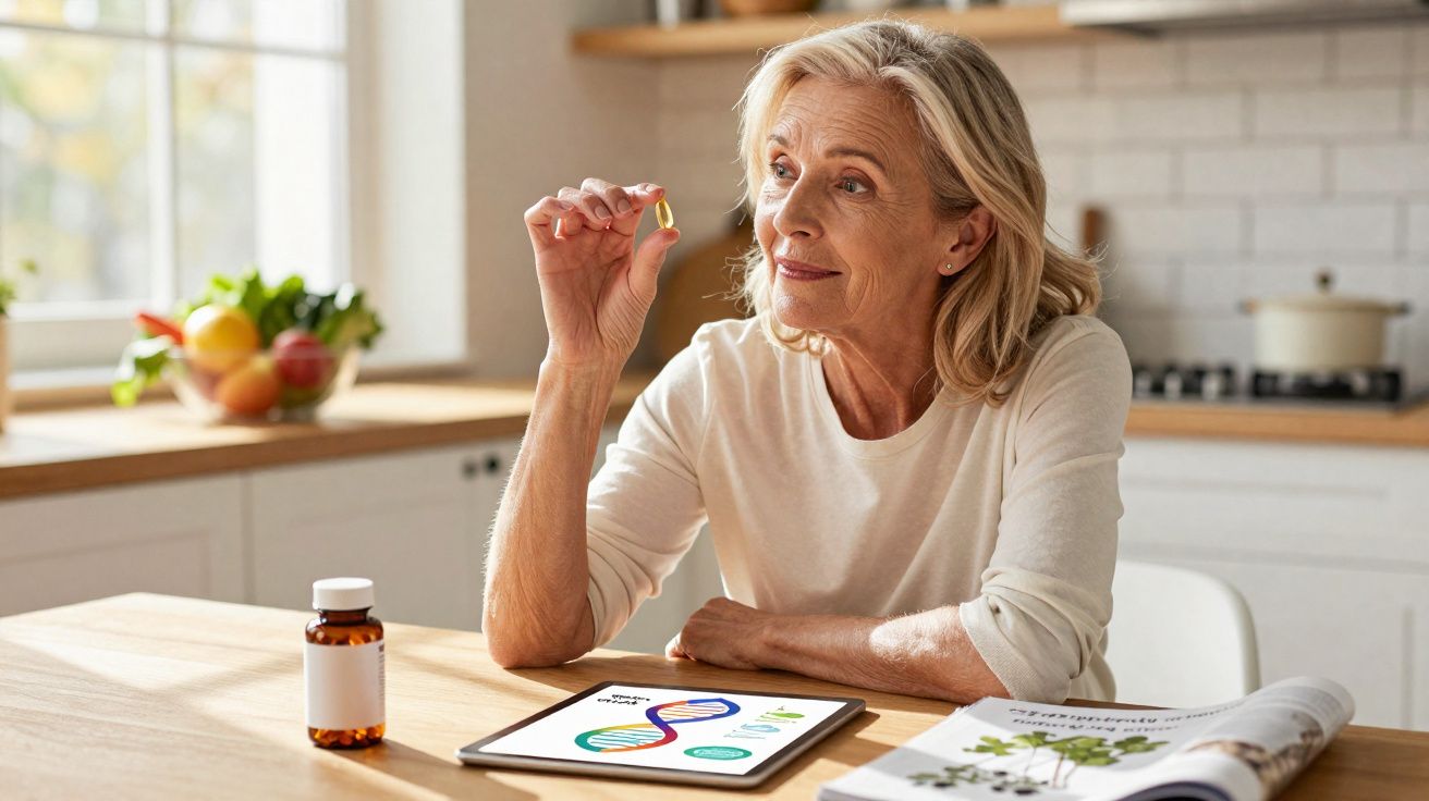 Mulher idosa segurando cápsula, sentada à mesa com tablet exibindo DNA e frascos de remédio na cozinha.