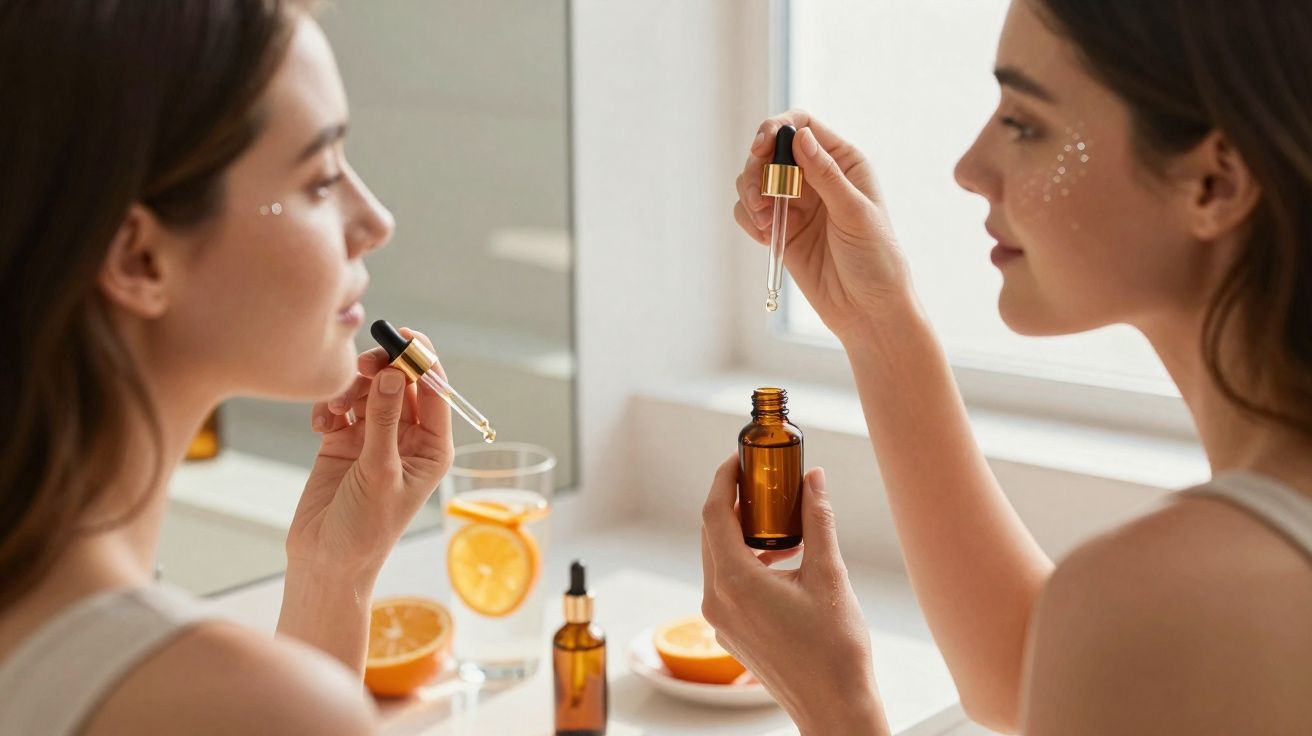 Mulher aplicando sérum facial com conta-gotas próximo ao espelho, com laranjas ao fundo.