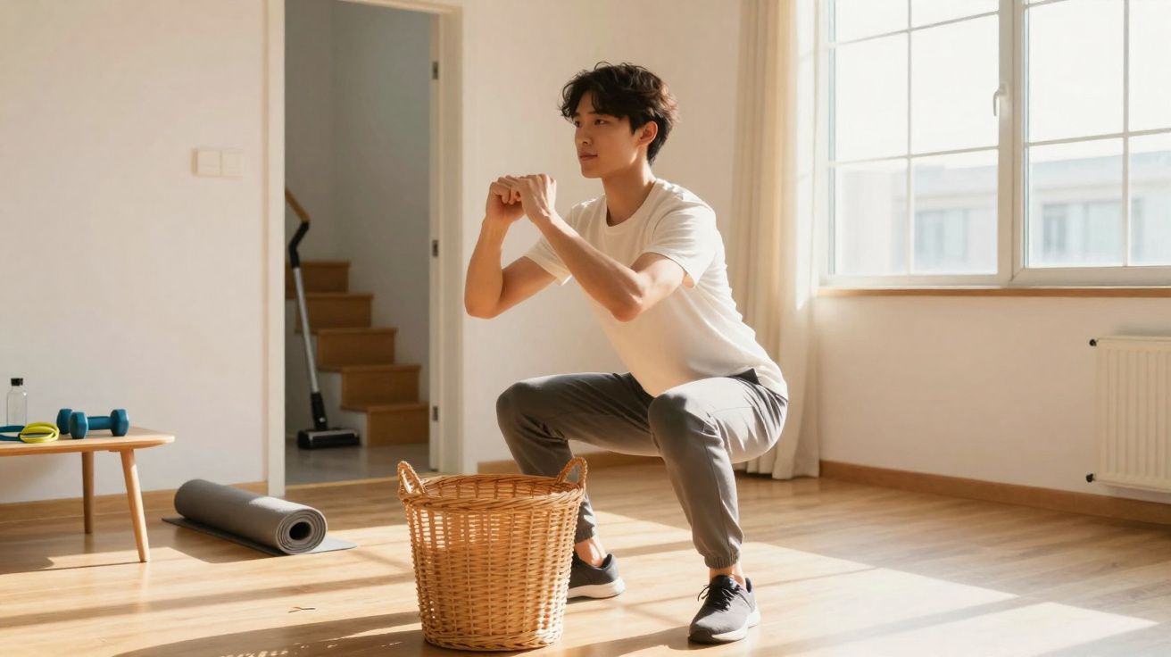 Homem fazendo agachamento em sala iluminada, próximo a uma cesta de vime e equipamentos de exercício.