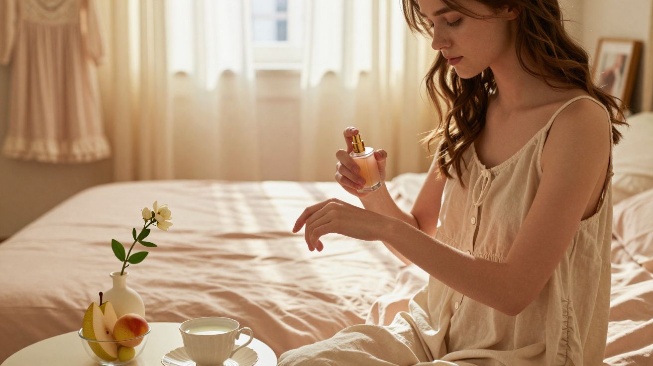 Mulher aplicando perfume no pulso, sentada em cama iluminada por luz natural numa manhã tranquila.