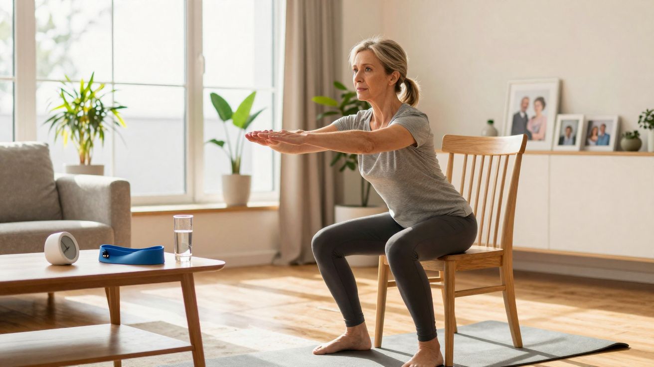 Mulher fazendo exercício de agachamento usando cadeira em sala iluminada com plantas e fotos ao fundo.