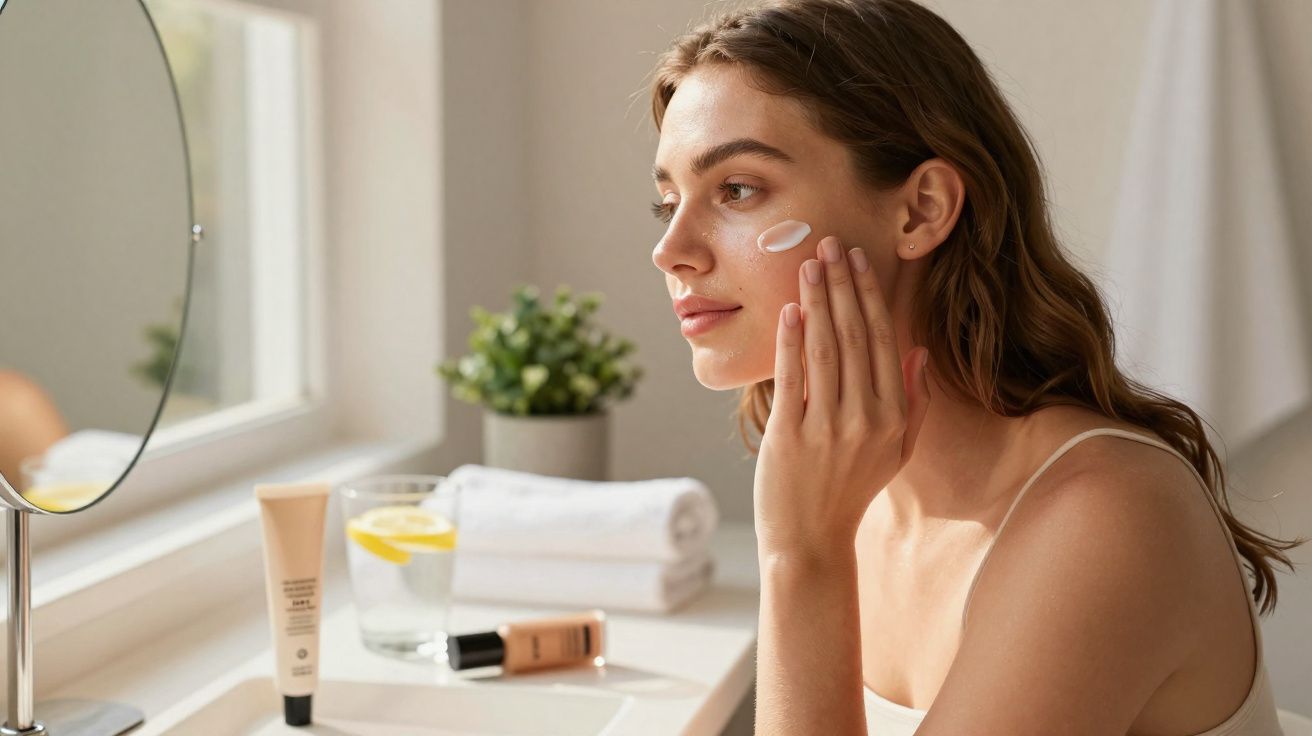 Mulher aplicando creme facial em frente ao espelho em banheiro iluminado natural.