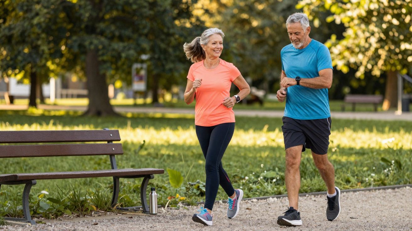 Casal maduro correndo e sorrindo em parque, próximo a banco e garrafa de água.