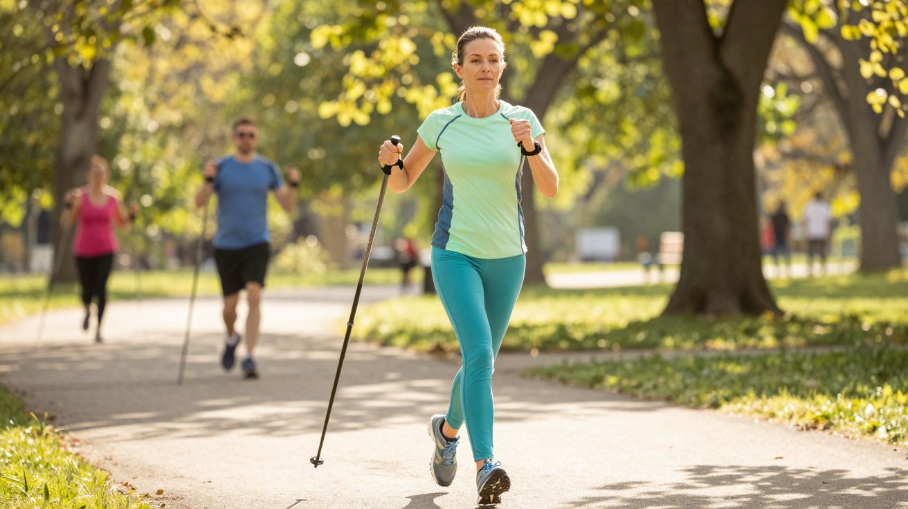 Mulher praticando caminhada com bastões em parque ensolarado com outras pessoas ao fundo.