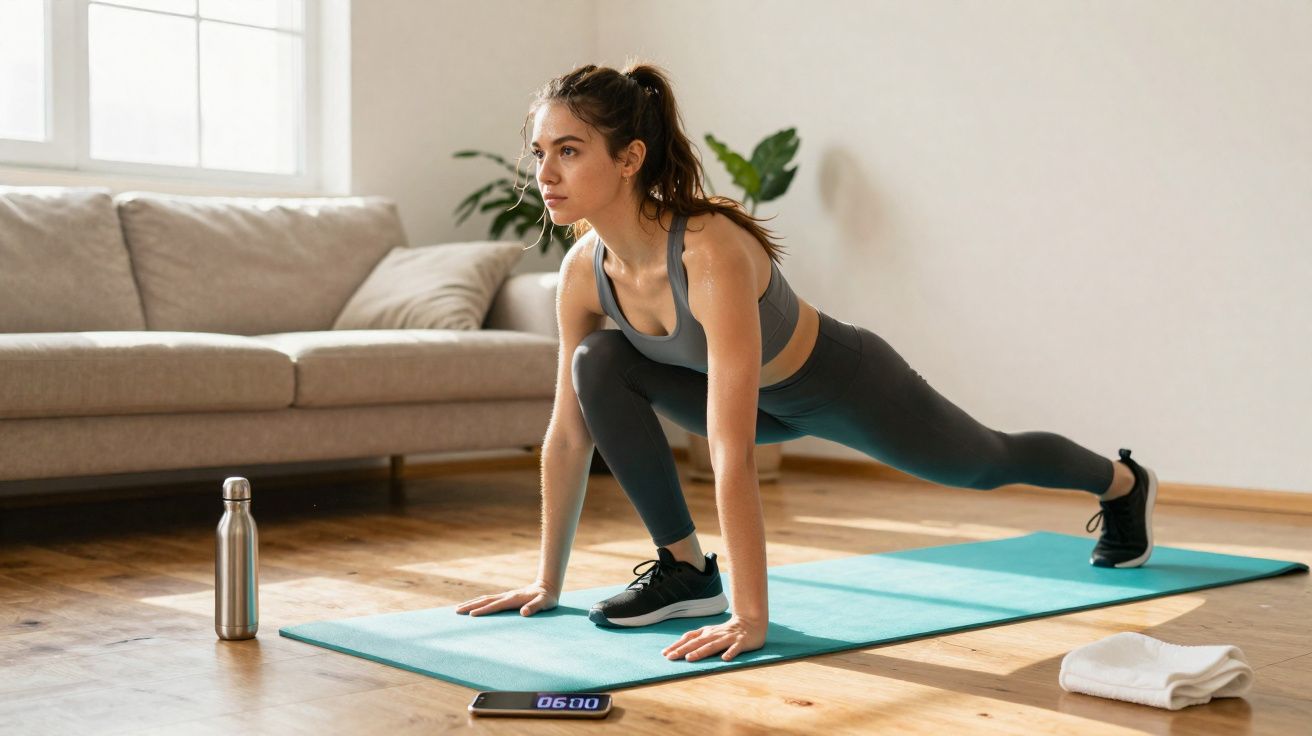 Mulher fazendo alongamento em tapete azul em sala com sofá, toalha e garrafa inox ao lado.
