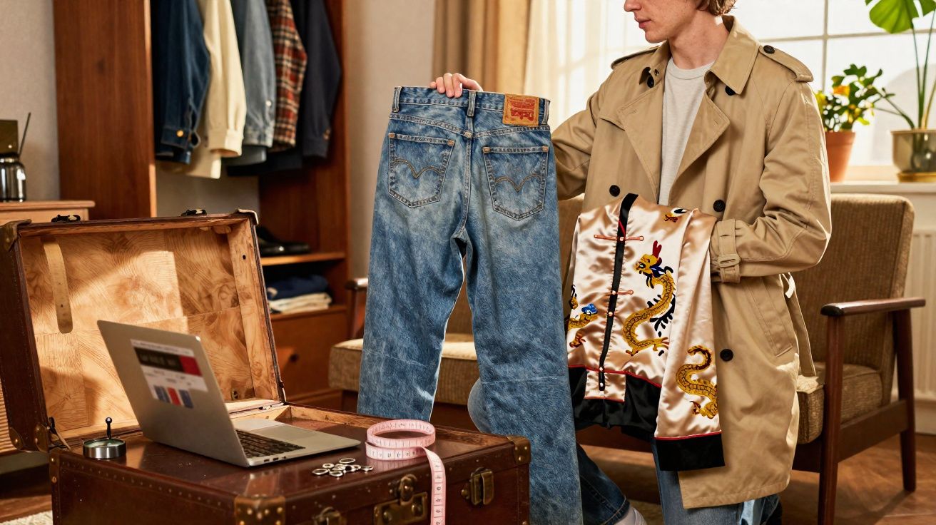 Pessoa segurando calça jeans e jaqueta bordada em ambiente com mala antiga, laptop e fita métrica sobre a mala.