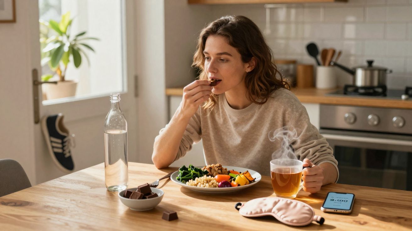 Mulher comendo chocolate e tomando chá quente em uma mesa com prato de comida saudável e celular.