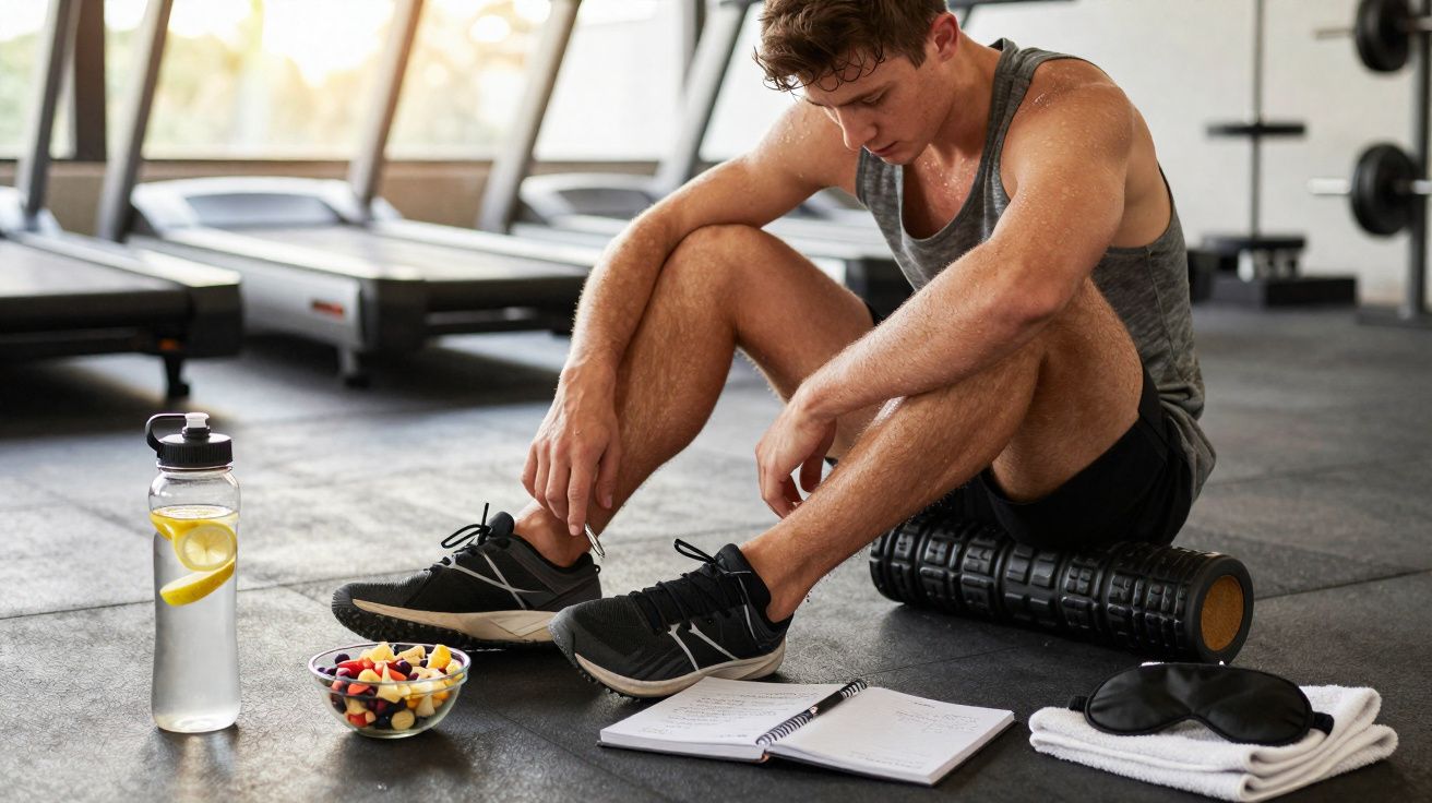 Homem sentado no chão da academia, alongando pernas com rolo de espuma e cercado por garrafa, frutas e caderno.