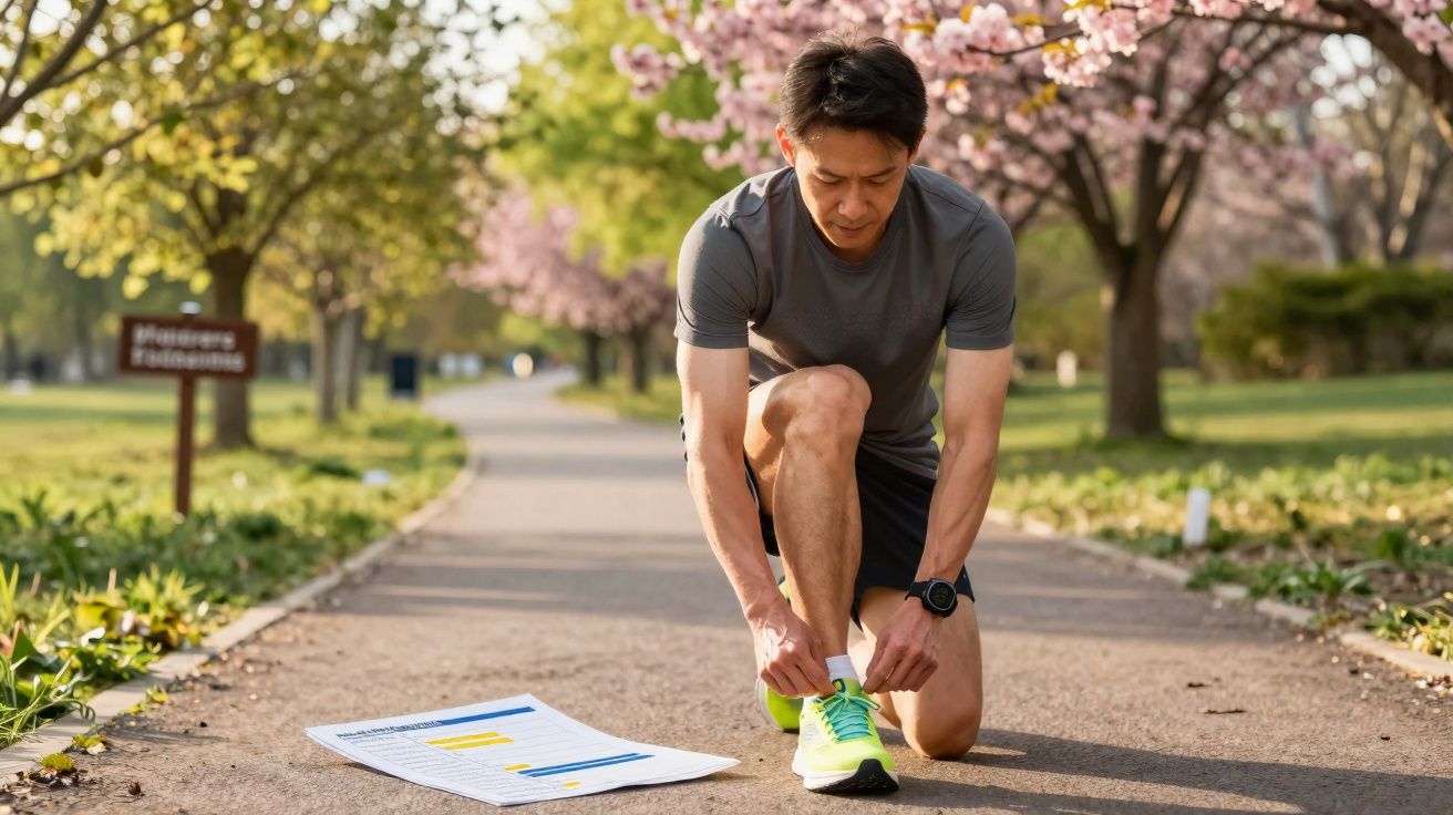 Homem amarrando tênis em parque com árvores floridas ao fundo e gráfico no chão ao lado.