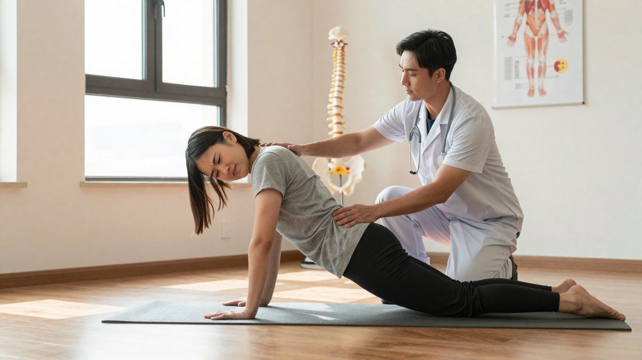Fisioterapeuta auxiliando paciente em alongamento para dores nas costas em sala de tratamento iluminada.