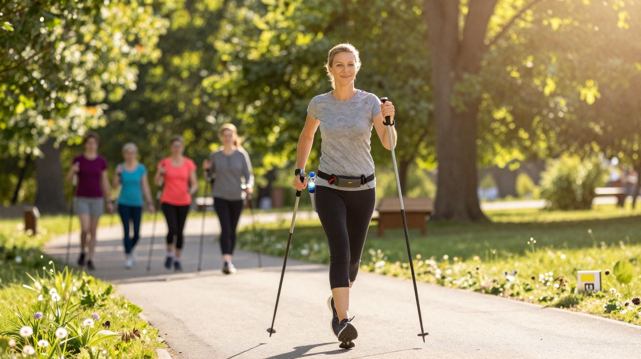 Mulher caminhando com bastões de caminhada, grupo ao fundo, em parque ensolarado com árvores e flores.