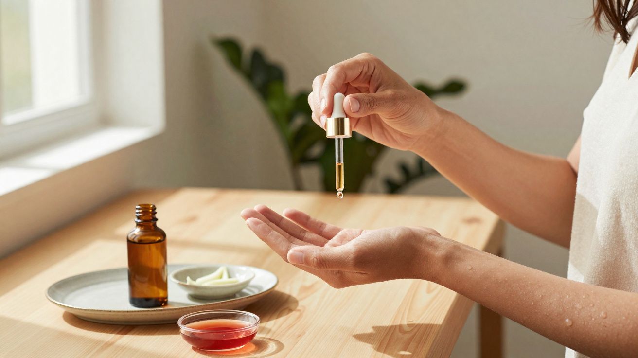 Pessoa aplicando óleo com conta-gotas nas mãos, sobre mesa com frascos e pratos pequenos.