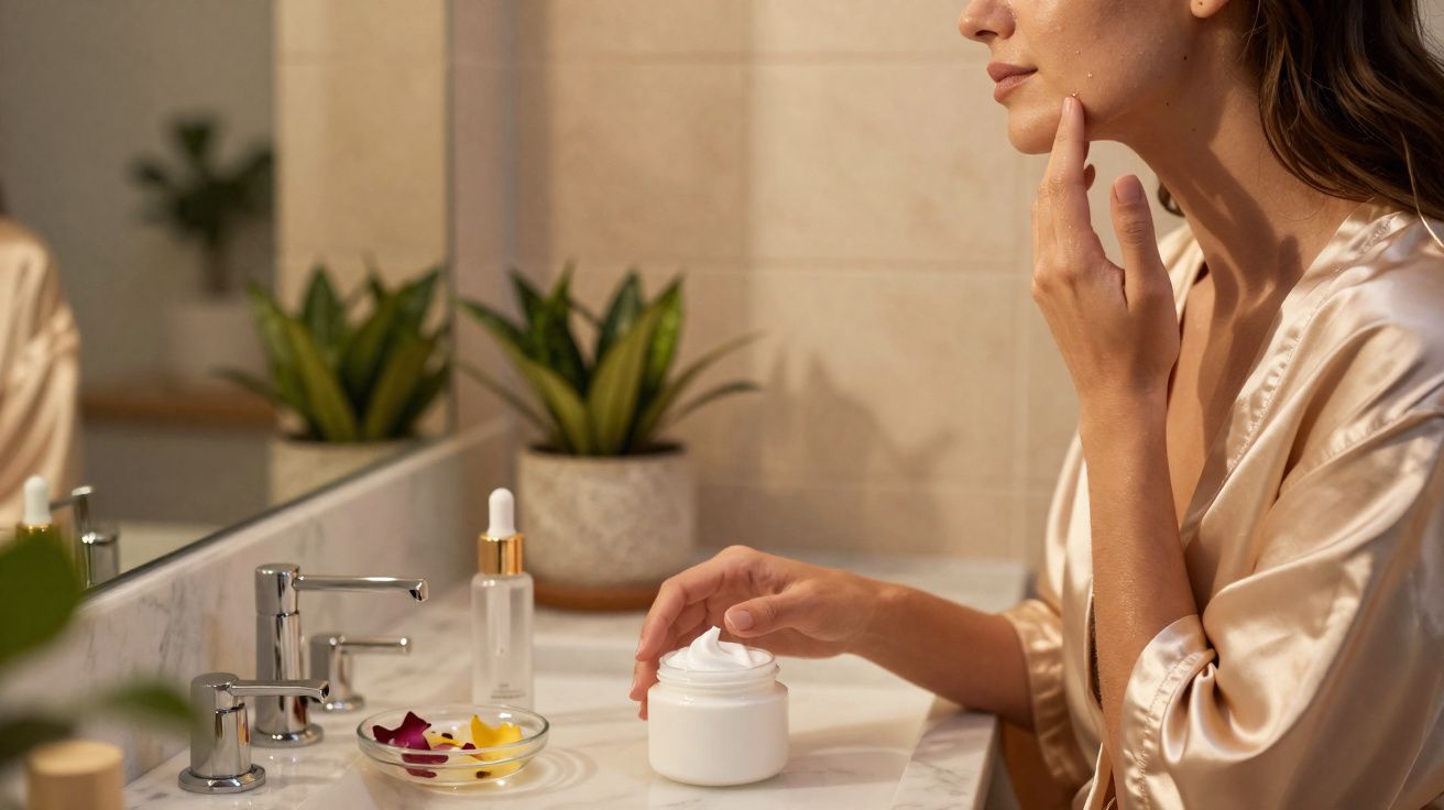 Mulher aplicando creme no rosto em banheiro com plantas e espelho ao fundo.