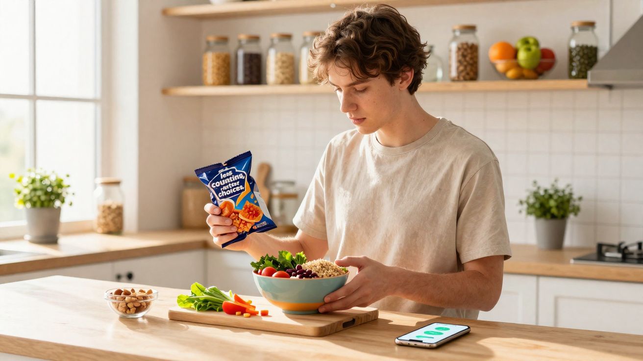 Jovem preparando uma salada saudável na cozinha com ingredientes frescos e um lanche em embalagem azul.