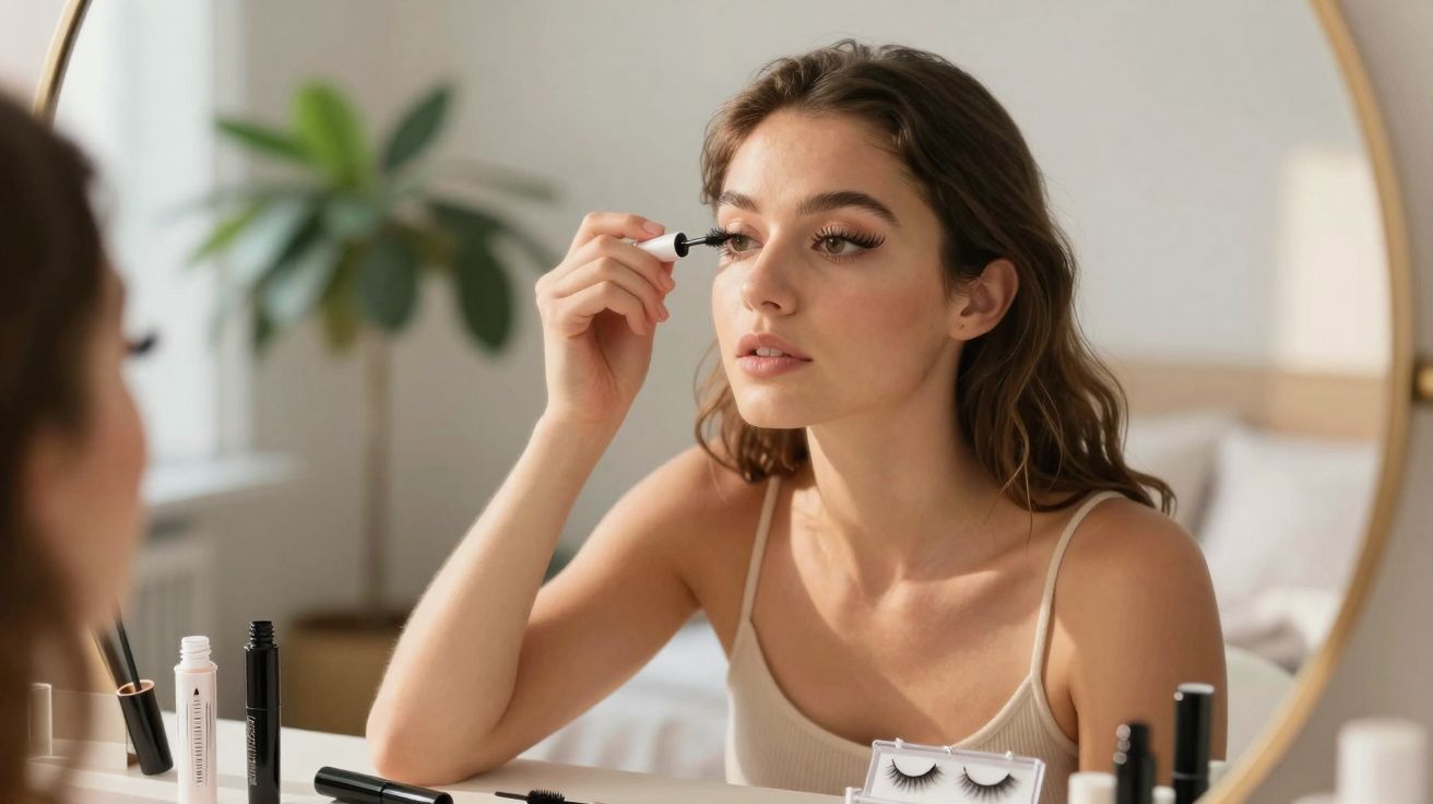 Mulher aplicando rímel nos cílios sentada em frente a um espelho redondo em quarto iluminado.