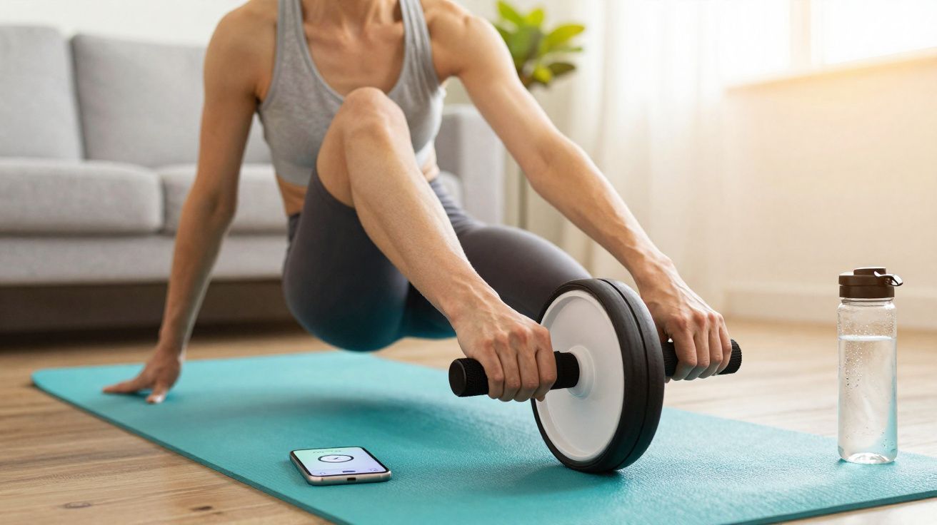 Pessoa em roupa esportiva fazendo exercícios com roda abdominal sobre tapete azul em sala bem iluminada.