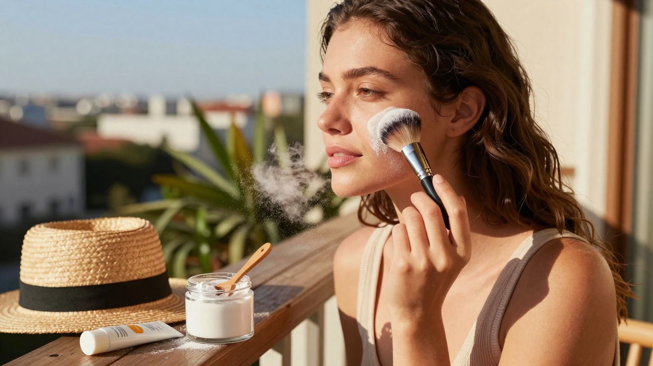 Mulher aplicando pó facial com pincel em varanda ensolarada, chapéu de palha ao lado.