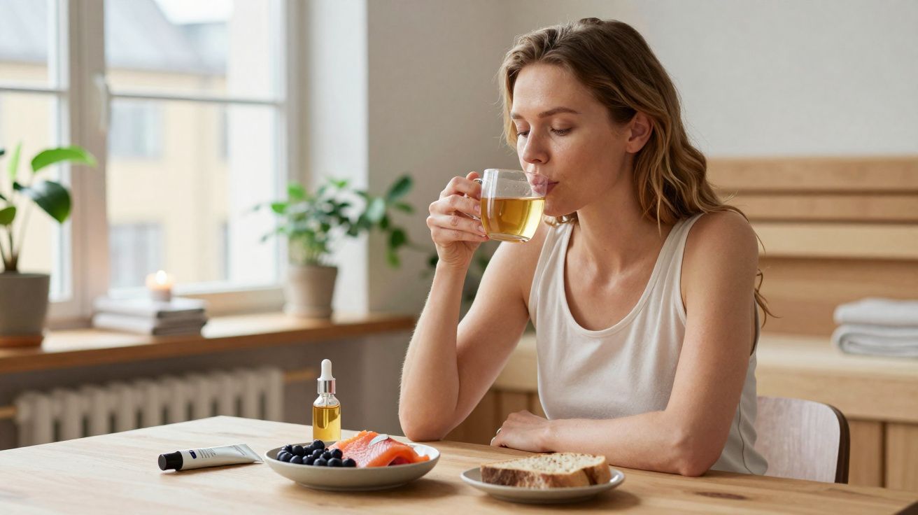 Mulher bebendo chá sentada à mesa com pratos de alimentos e produtos de cuidados pessoais à frente.